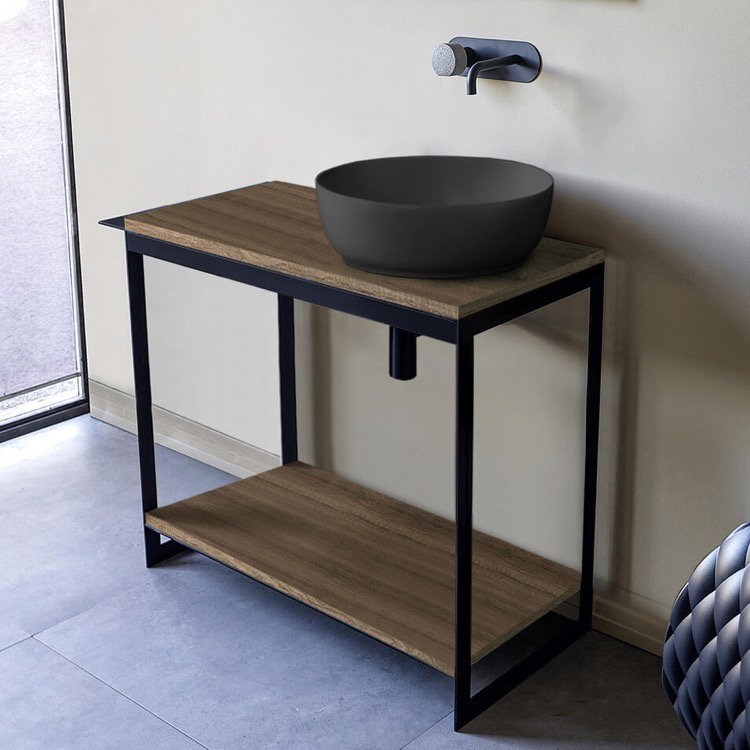 Scarabeo 1807-49-SOL4-89-No Hole Console Sink Vanity With Matte Black Vessel Sink and Natural Brown Oak Shelf